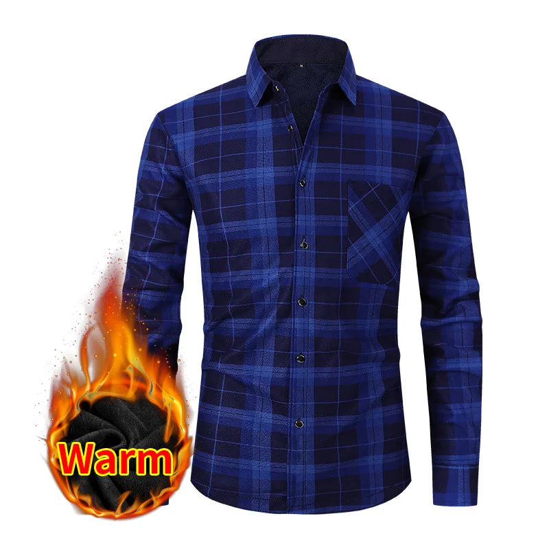 American size men's shirt long sleeve autumn winter warm plus fleece thickened plaid large size fashion free iron