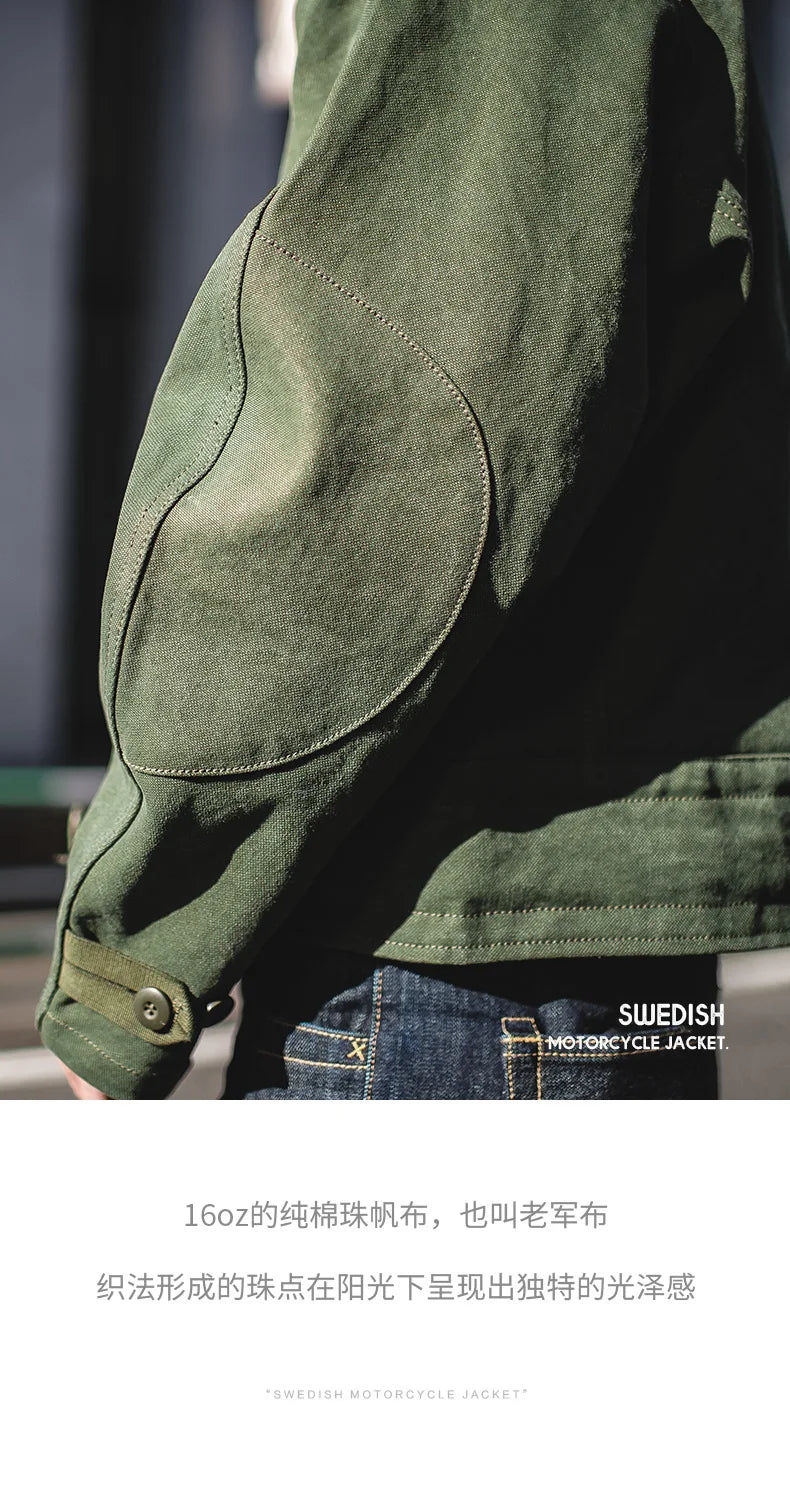 Maden Retro 16oz Canvas Swedish Motorcycle Green Jacket Pocket Bomber Jacket Casual Hunting Work Outwear for Men Spring and Fall