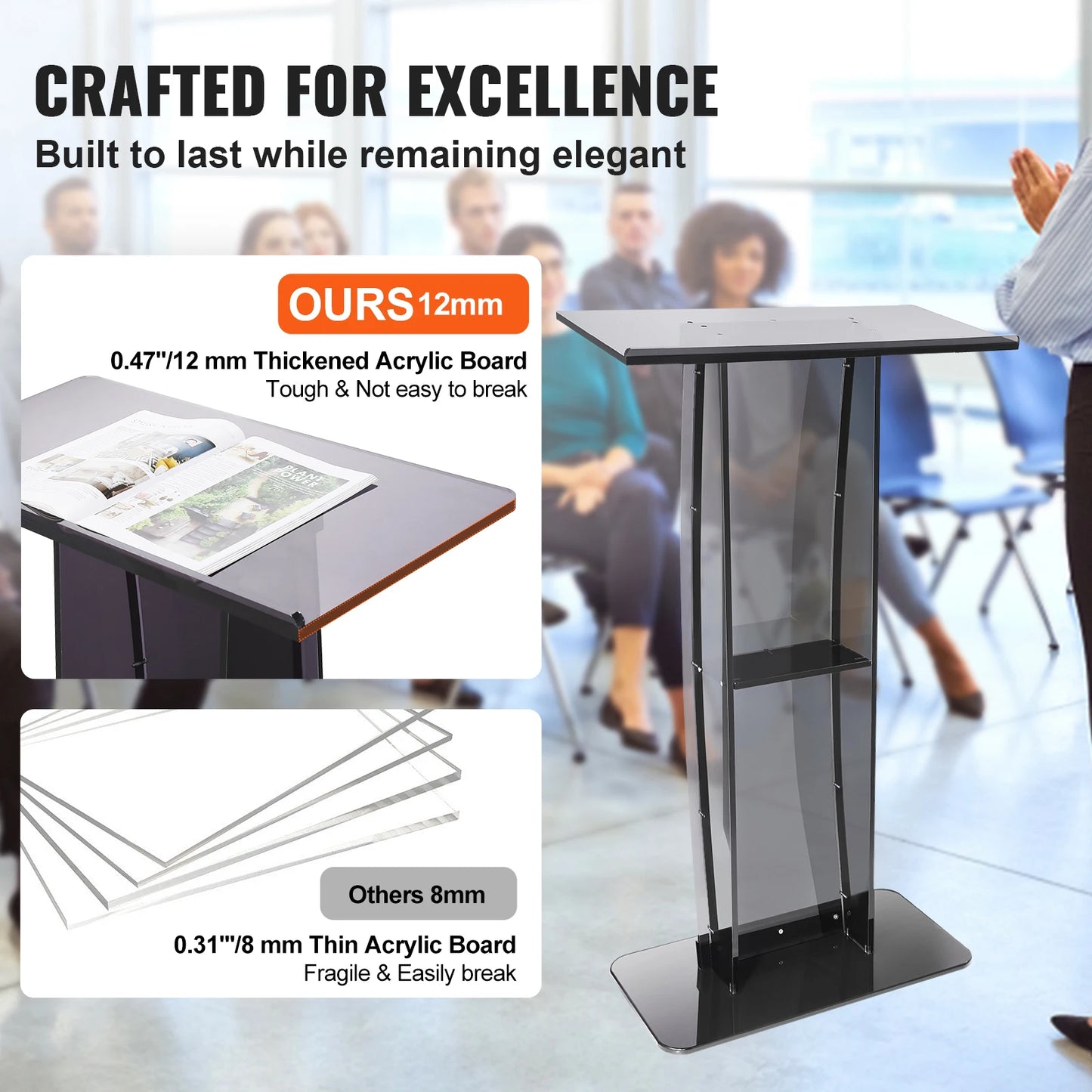 SucceBuy 47" Acrylic Podium Stand Floor-Standing Clear Pulpits Acrylic Desktop Lecterns W/ Storage Shelf  for Church Office