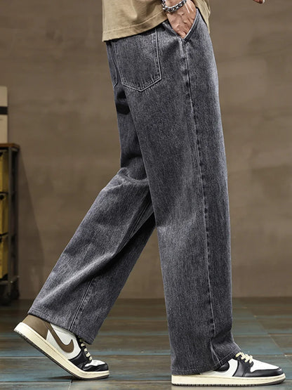 Mens Straight Leg Denim Jeans Blue Gray Loose Fit Drawstring Streetwear