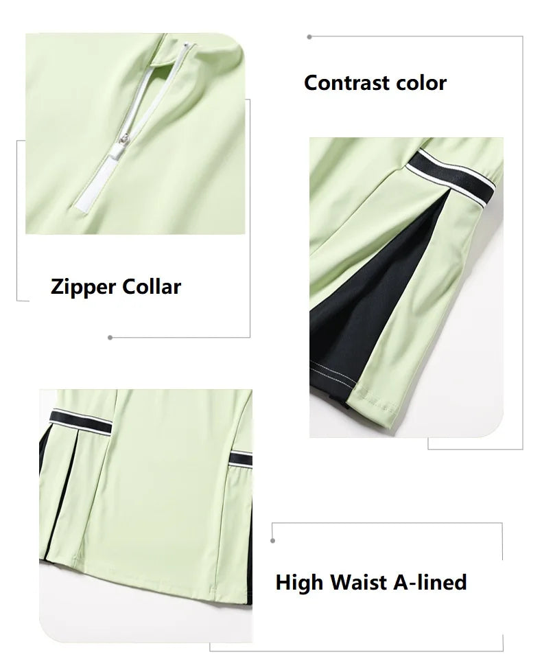 2025 New Golf Shirt Women Long Sleeve Zipper Collar T-Shirt Ladies Slim Pleated Golf Tops Breathable Casual Tennis Sportswear