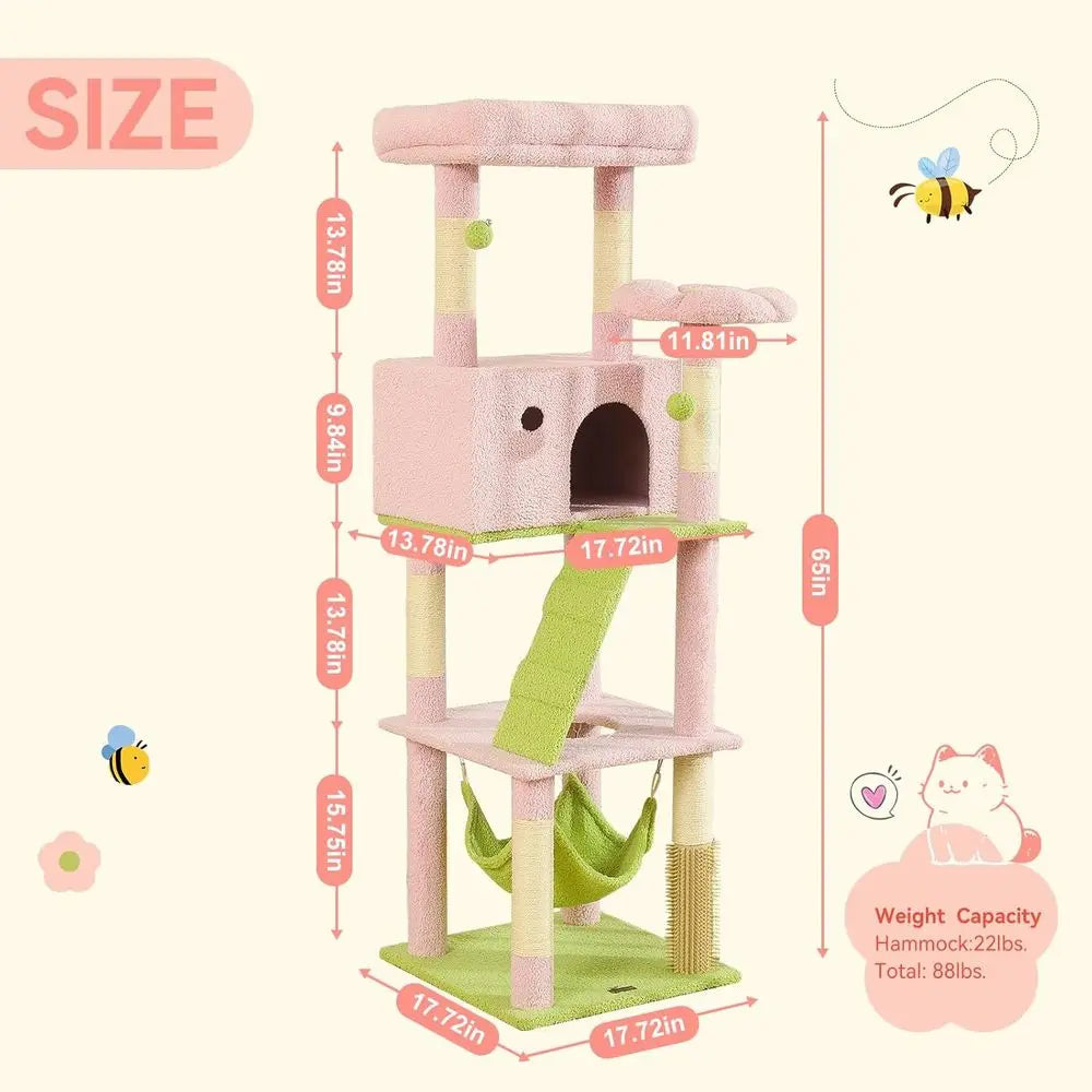 65 Pink Large Cat Tree with Extra Condo, 2 Perches, Hammock & 6 Sisal Posts