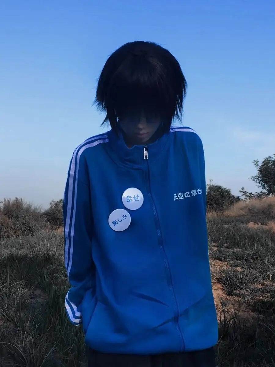 Japanese Casual Stand Neck Hoodie Women Men Streetwear Letter Print Zipper Grunge Sweatshirt Y2k Aesthetic Loose Patchwork Hoody