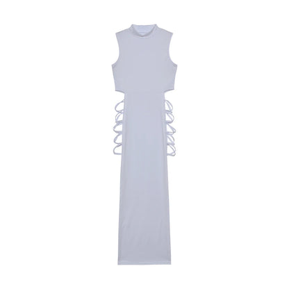 Criss Cross Cut Out Dress Ankle Length Sleeveless O Neck Polyester Womens Dress