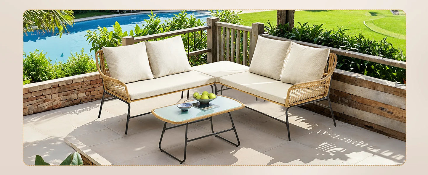 4-Piece Outdoor Sectional Set, Wicker Patio Couch Sets and Glass Coffee Table, L-Shaped Waterproof Olefin Fabric Outdoor Sofa