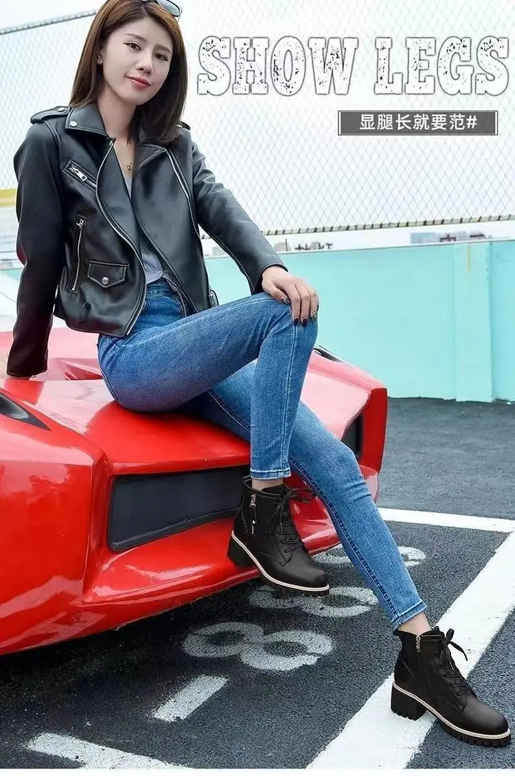 Women's Chunky Sole Ankle Boots     Lace-Up & Side-Zip Combat Boots Winter Fleece-Lined Booties Versatile Leather Boots Platfo