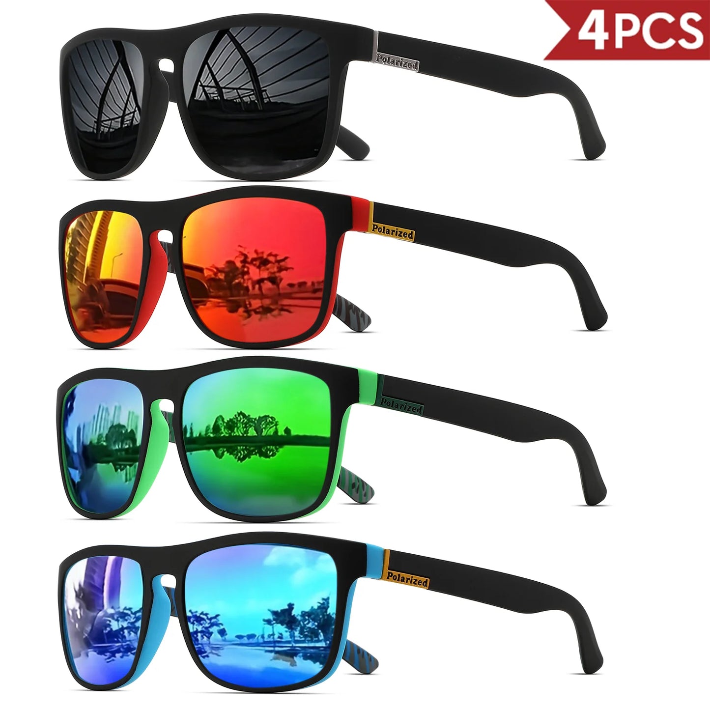 4PCSClassic Square Polarized Sports Sunglasses Lightweight PC Frame UV400 for Driving Fishing Cycling Unisex Everyday Durability
