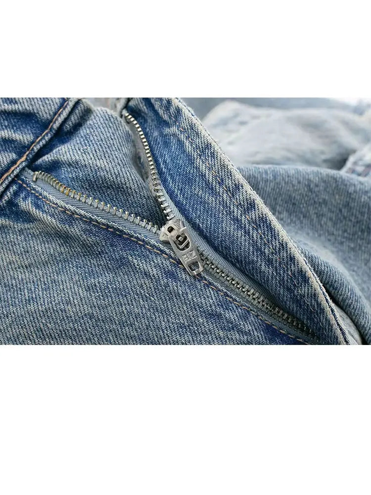 HH 2024 Women's Street Fashion Denim Blue Jeans Distressed Patchwork High Waist Zipper Fly Ripped Retro Long Pants