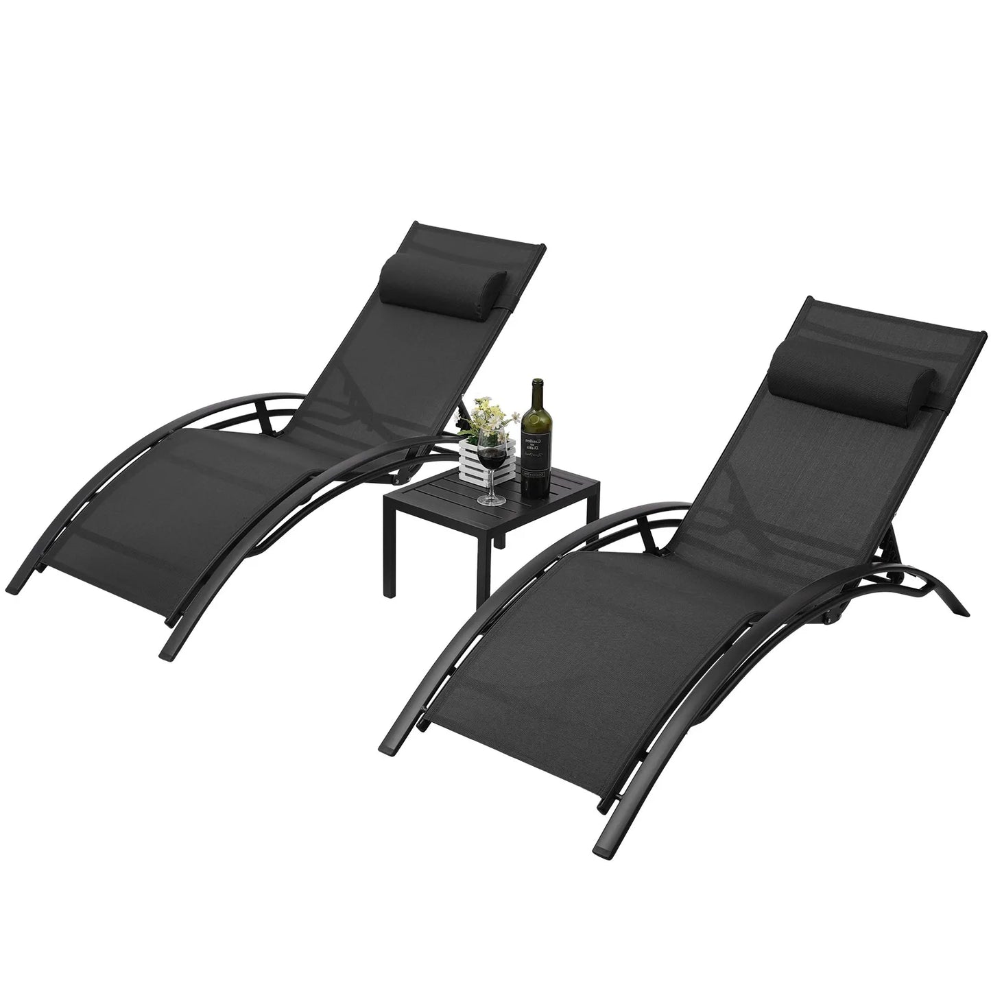 Aluminum Lounge Chair for Outside with 5 Adjustable Positions+Table 3Pcs Chaise Outdoor for Pool, Garden,Beach,Camping,Backyard