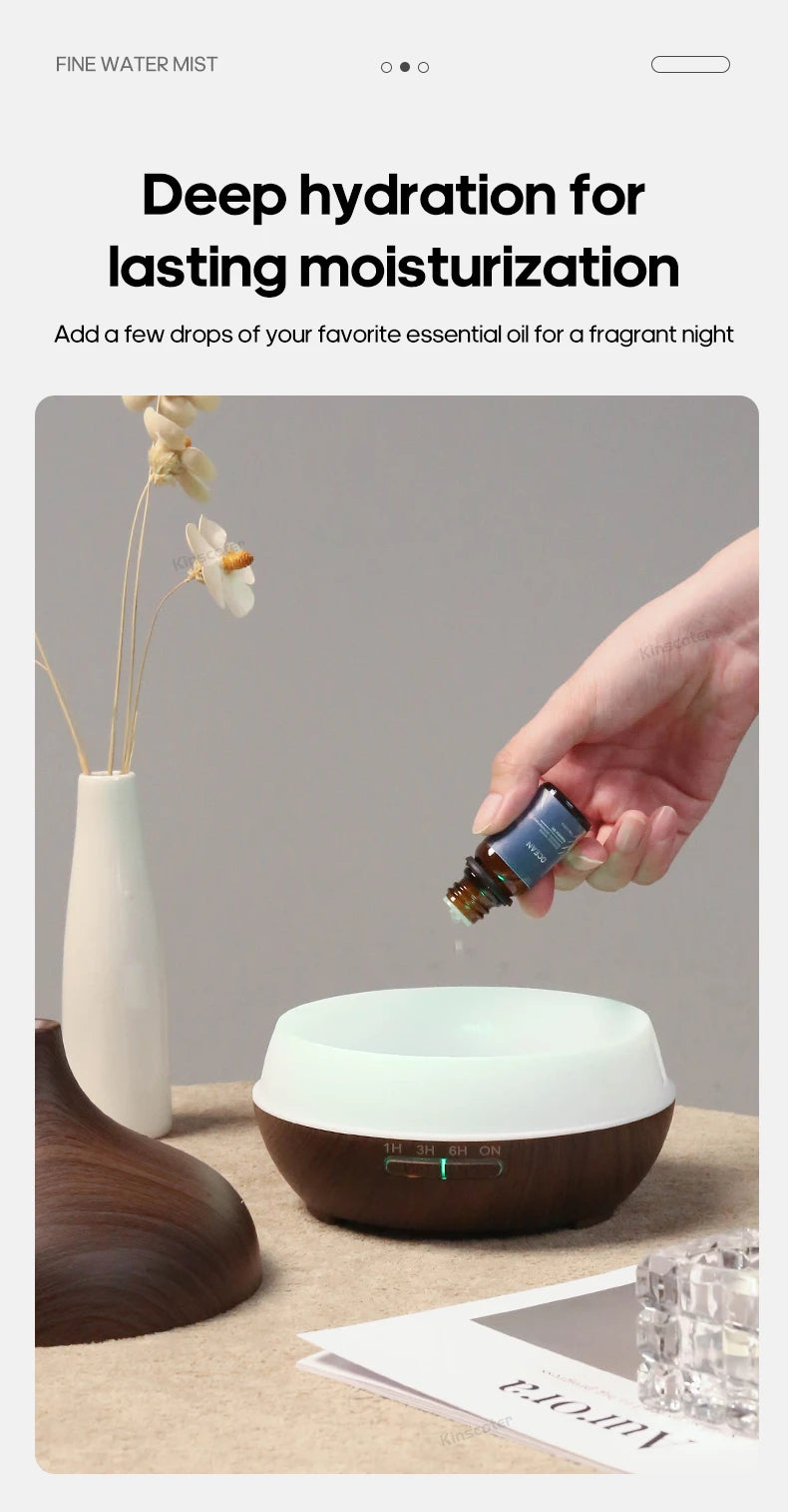 KINSCOTER Wood Grain Aromatherapy Diffuser 300ml Essential Aroma Oils Ultrasonic Air Humidifier 3 Timers USB Color Light