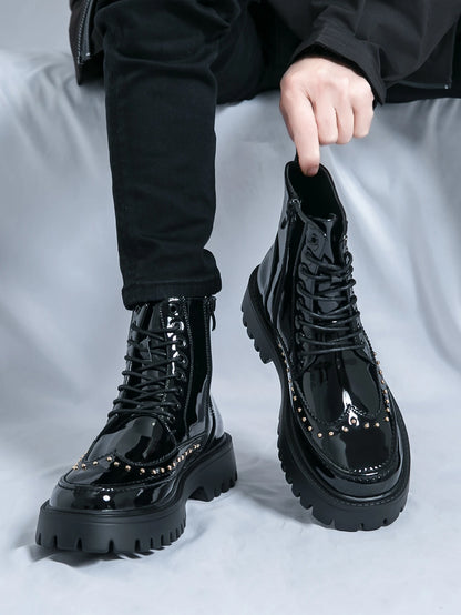 Men's Mid-Calf Leather Motorcycle Boots Pointed Toe Lace-Up