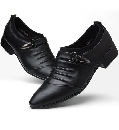 Men Slip On Black Leather Dress Shoes Pointed Toe Rubber Sole Plus Size
