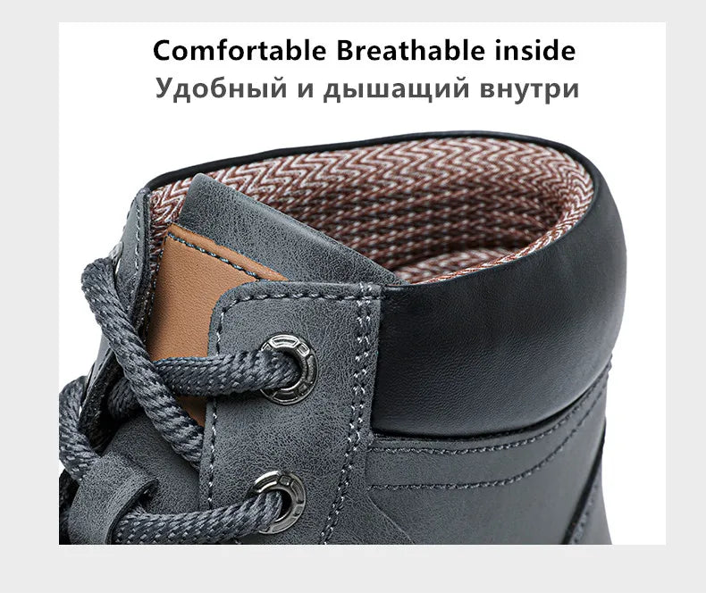 Men's Winter Snow Boots Leather Plush Lining Ankle High Lace Up