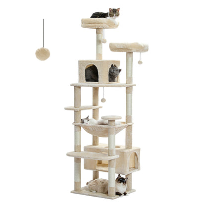 Cat Tree Tower With Five Levels, Wood Frame, Plush Fabric, Sisal