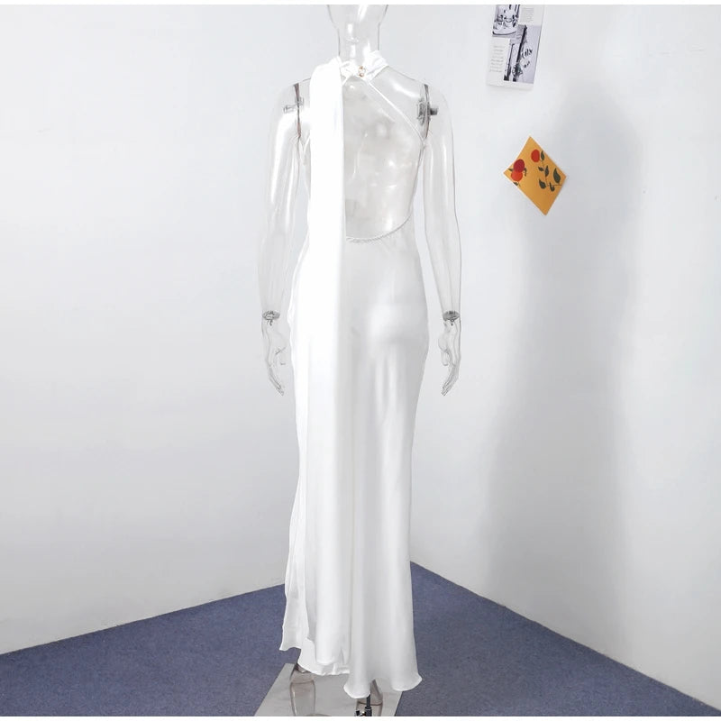 Sexy Satin Ribbon Party Dress Women Elegant Halter Backless Off Shoulder Sleeveless Female Dresses 2024 Summer Solid Robe Gown