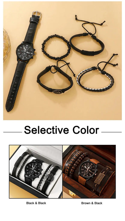 Elegant Leather Watch & Bracelet Set for Men – Fashion Quartz Wristwatch