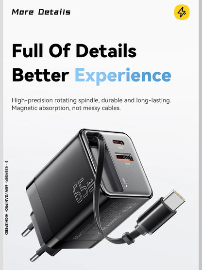 65W GaN USB C Charger With Retractable Cable PD Fast Charging