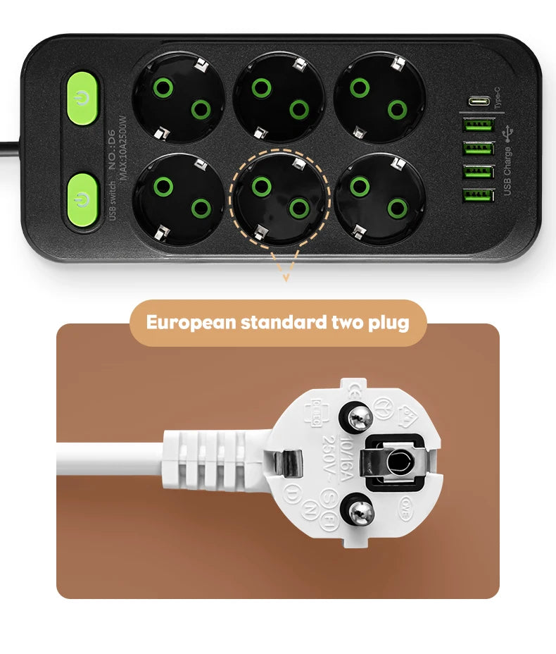 EU Plug Power Strip 6 AC Outlet Multitap Extension With 5 USB Ports 3m Cord Electrical Socket 2500W Fast Charge Surge Protector