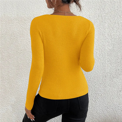Women Rib Knit V Neck Stripe Pullover Sweater Long Sleeve Acrylic Cotton