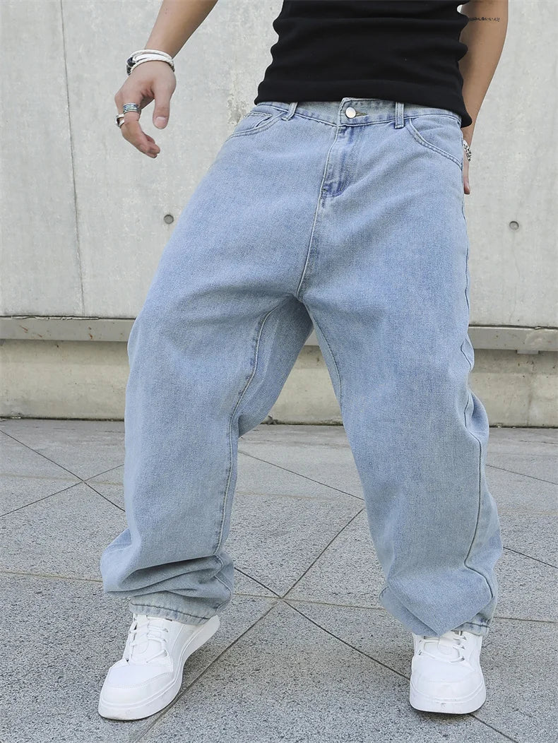 Men's Baggy Denim Jeans Loose Straight Wide Leg Trousers Solid Color