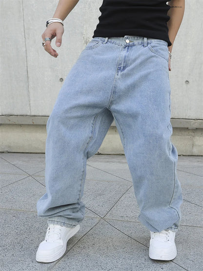 Men's Baggy Denim Jeans Loose Straight Wide Leg Trousers Solid Color