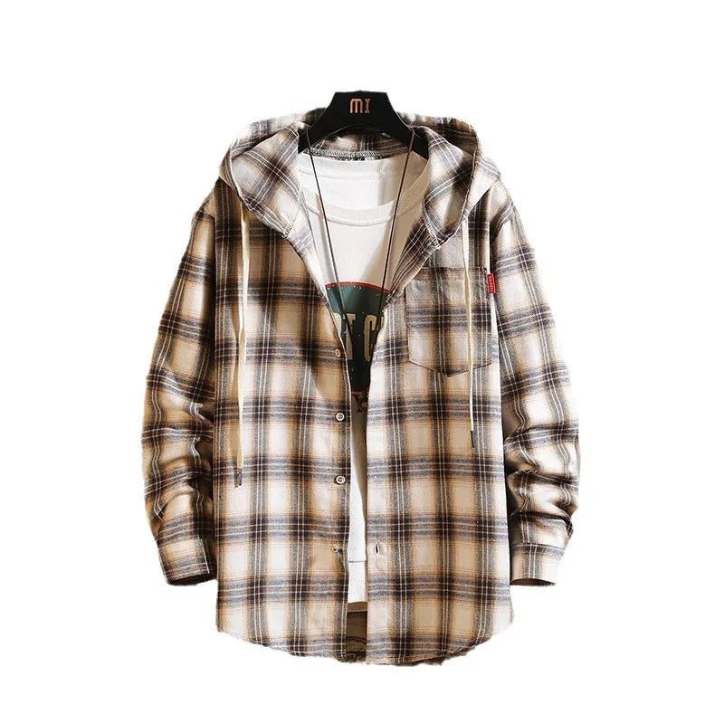 Hooded Cardigan Shirts Men Single Breasted T Shirt Long Sleeve Hooded Blouses Plaid Casual Shirts Pockets Outerwear Loose