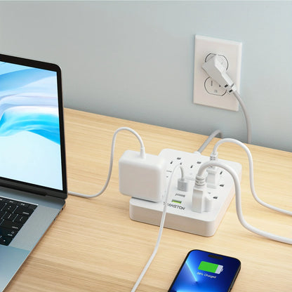 Power Strip With Surge Protector, 3 USB Ports, 5ft Cord, White