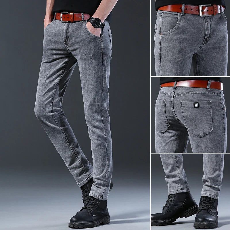 Men's Slim Fit Jeans Gray Elastic Mid-Waist Denim Straight Leg