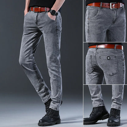 Men's Slim Fit Jeans Gray Elastic Mid-Waist Denim Straight Leg