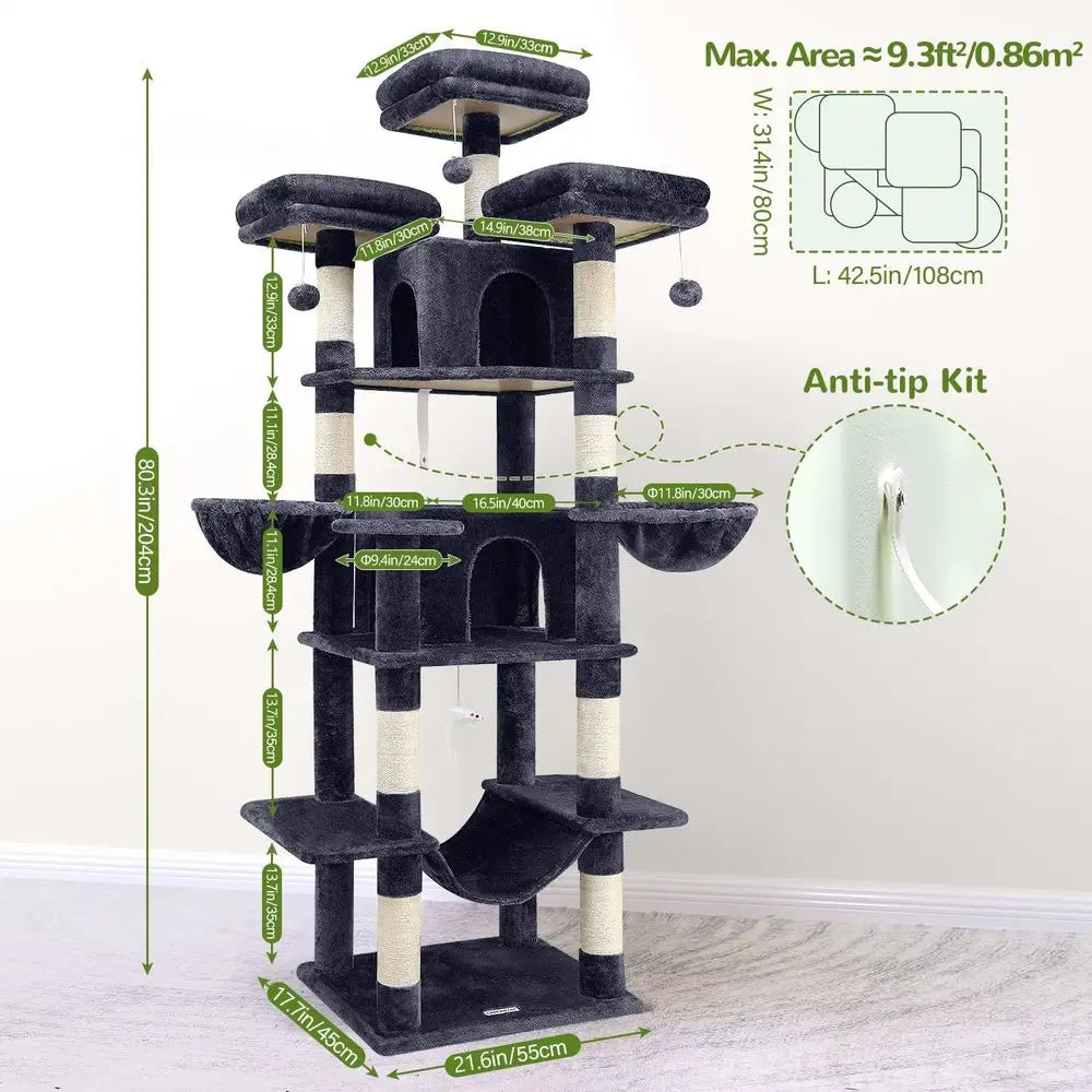 80 XXL Indoor Cat Tower - Dark Grey, 3-Level with Scratching, Hammock, Perches, Condos & Baskets