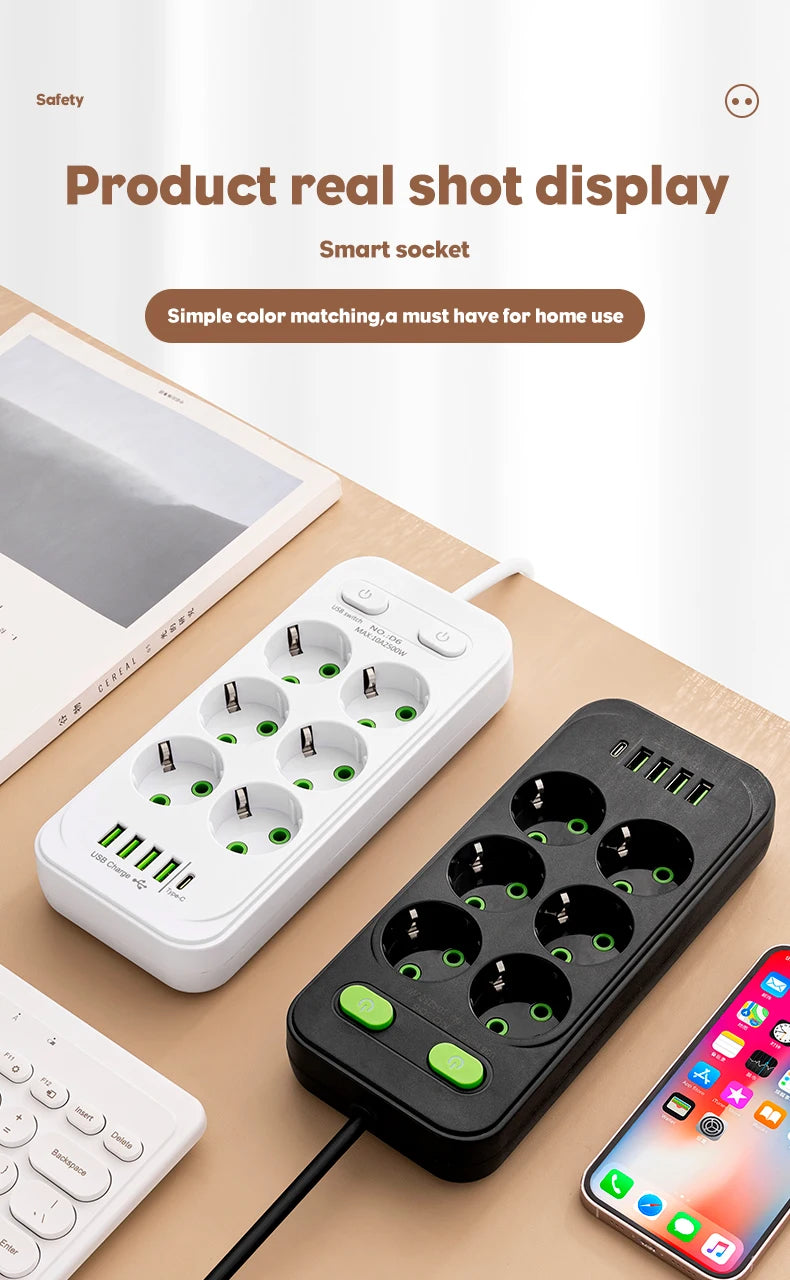 EU Plug Power Strip 6 AC Outlet Multitap Extension With 5 USB Ports 3m Cord Electrical Socket 2500W Fast Charge Surge Protector