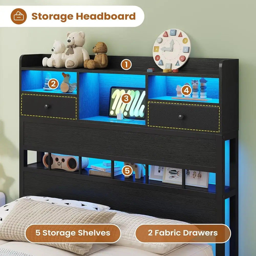 Twin Size Bed Frame with Headboard, LED Lighting, Storage Shelves, and Underbed Storage, Platform Bed for Kids, No Box Spring Re