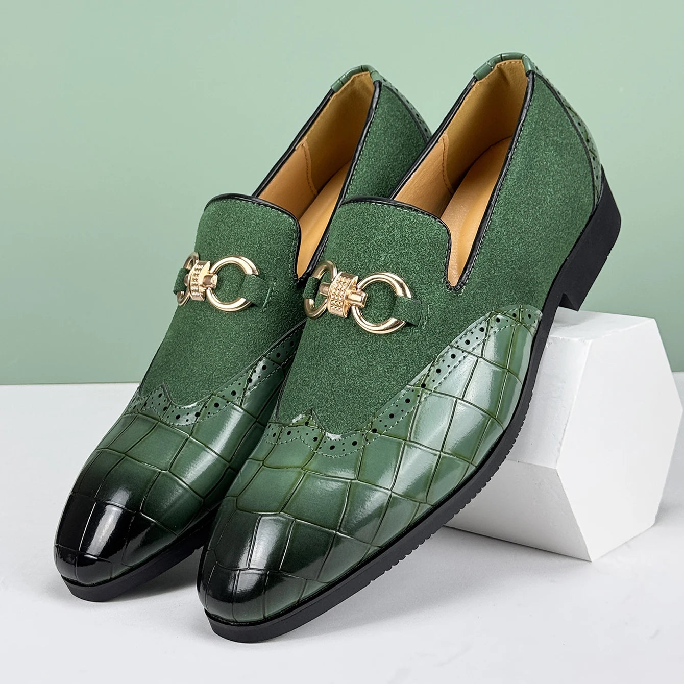 Mens Green Leather Dress Shoes, Slip-On, Pointed Toe, Non-Slip