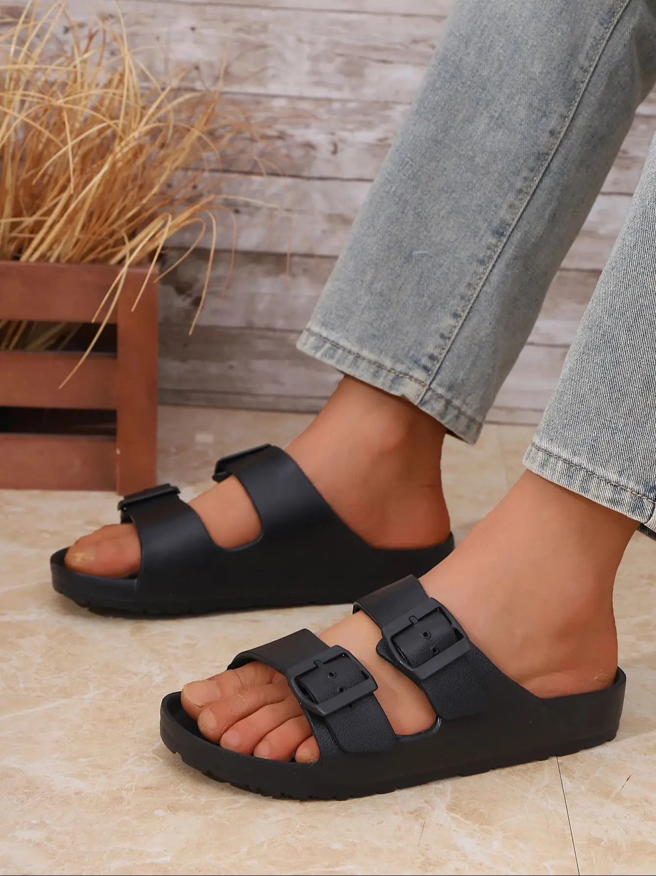 EVA Slip On Slippers With One Piece Molded Double Strap Adjustable Buckle