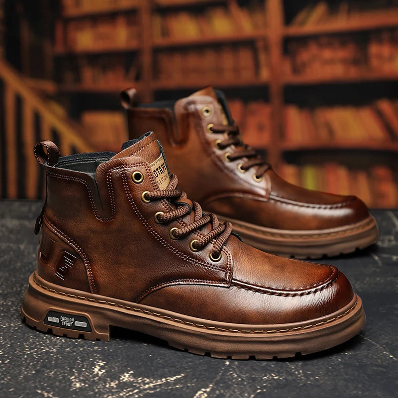 Brown Leather Mens Ankle Boots Lace Up Platform Outdoor
