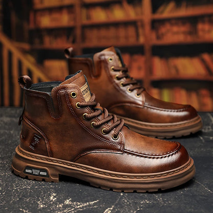 Brown Leather Mens Ankle Boots Lace Up Platform Outdoor