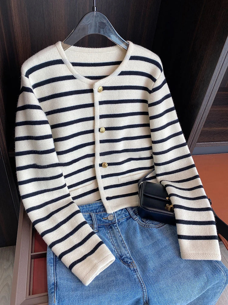 AOSSVIAO New 2025 Women Spring Autumn Sweaters O-neck Stripe Knitted Cardigan Fashion Long Sleeve Casual Short Tops Korean Style