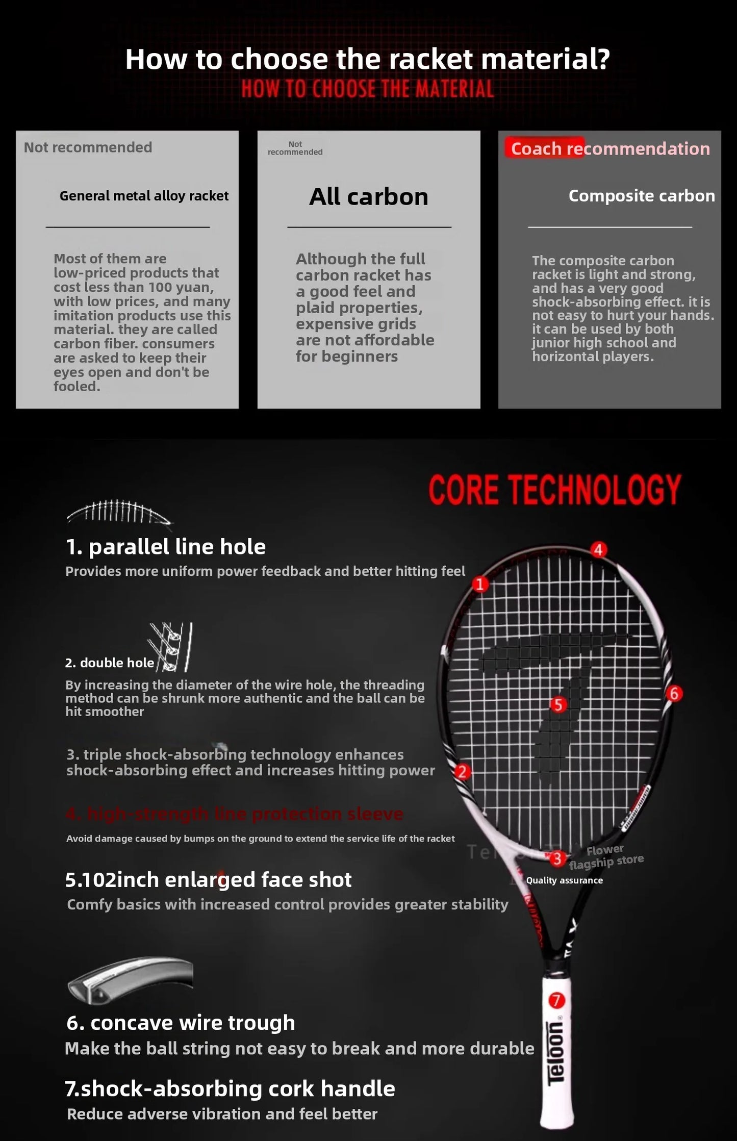 TELOON Genuine Carbon Tennis Racket Beginner College Student Men's and Women's Single with Wire Rebound Tennis Trainer Set