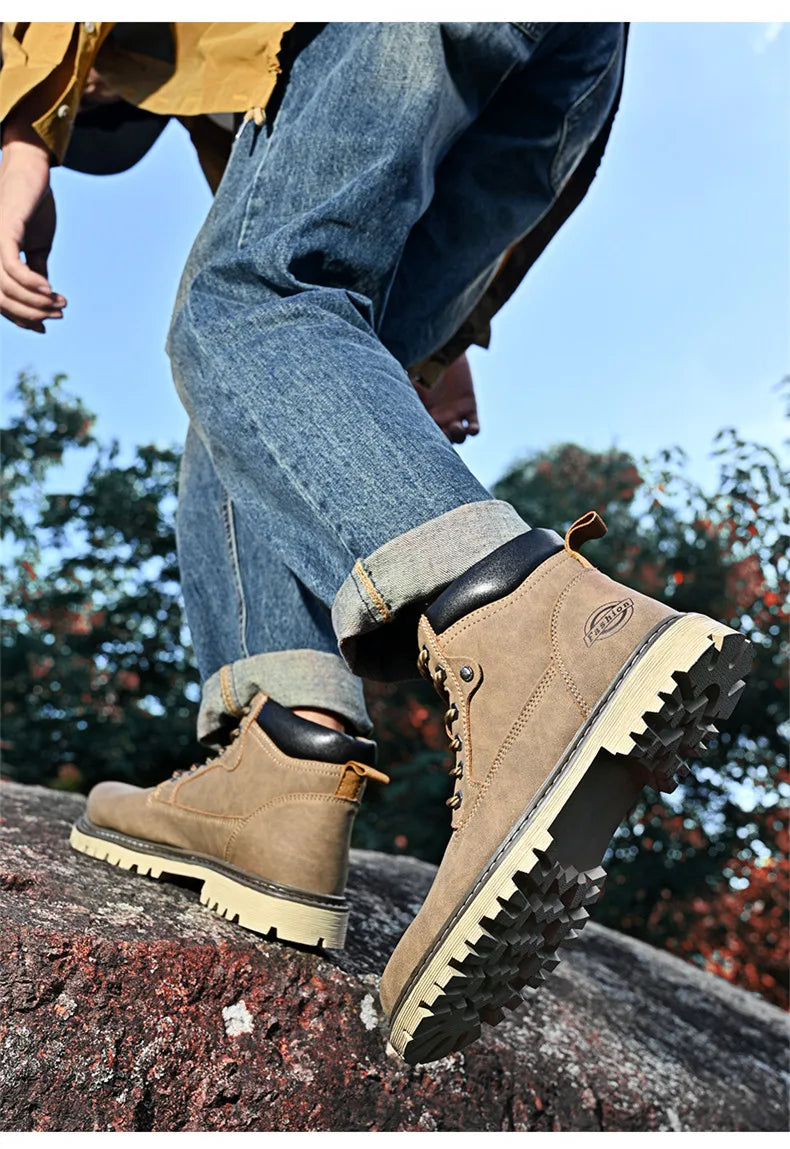 Leather Men Work Boots Mid Calf Ankle High Top Non Slip