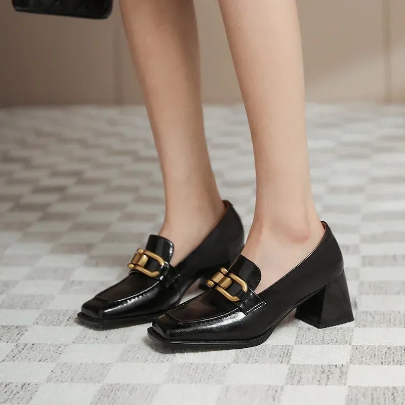 Platform Pumps Black Slip On High Square Heel For Women