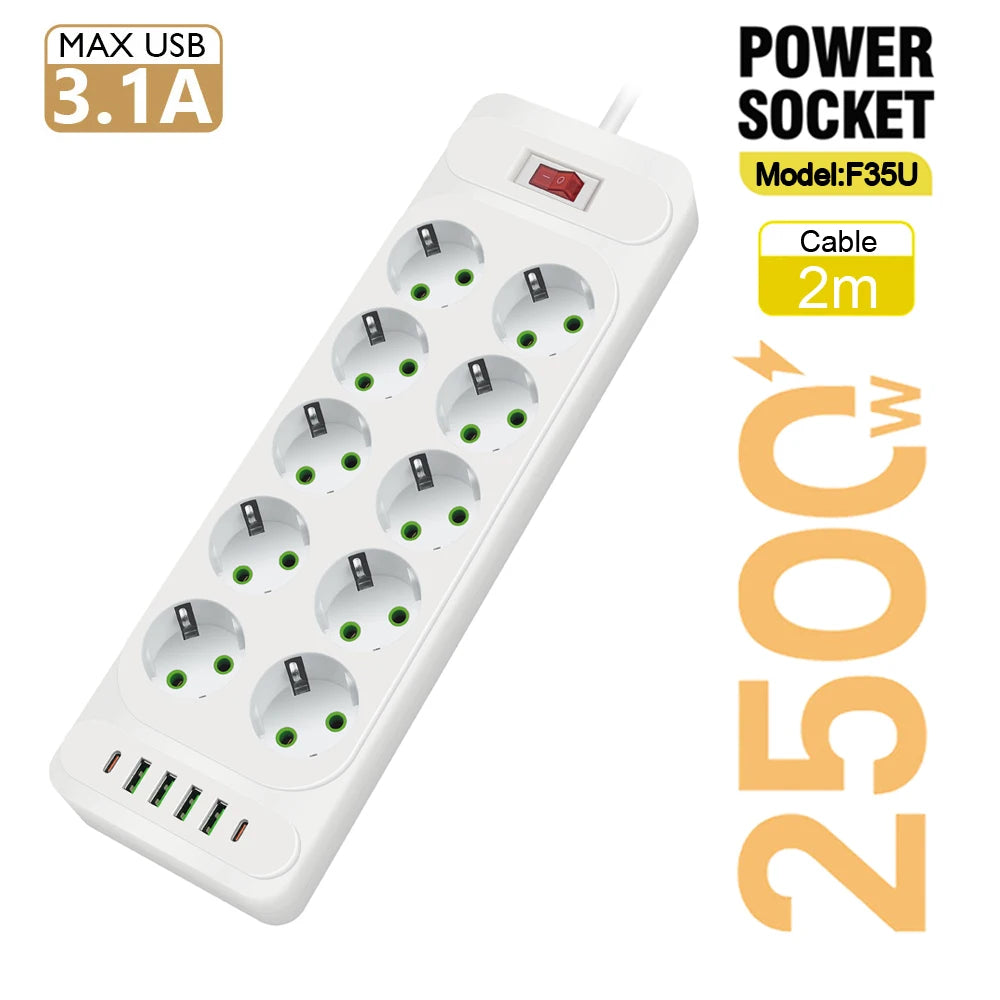 EU Plug 3-Outlet Power Strip With USB Surge Protector 2m Extension Cord Plastic