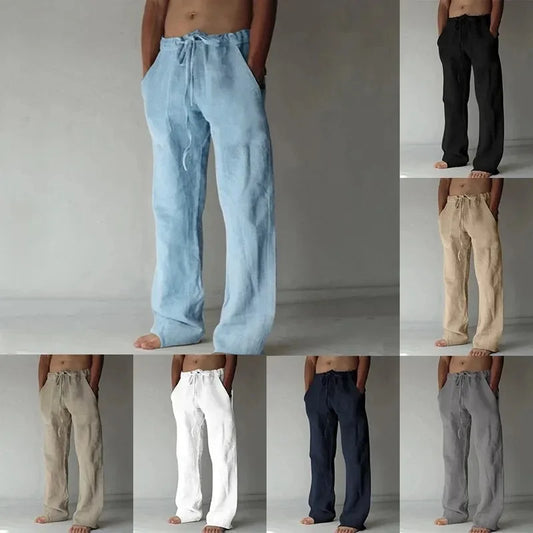 Men's Cotton Linen Ankle-Length Solid Color Breathable Elastic Waist Pants