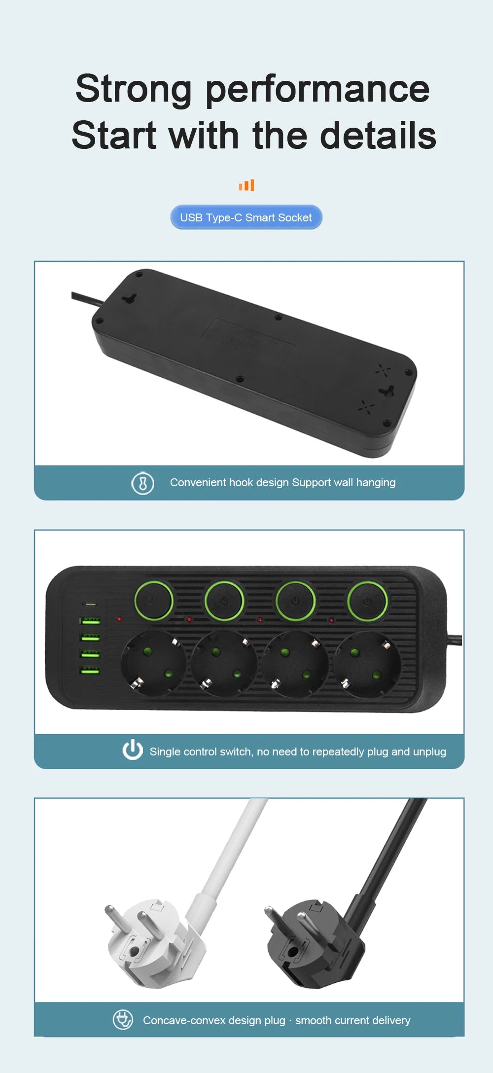 EU Plug Power Strip With USB Ports 2m Extension Cable Surge Protector