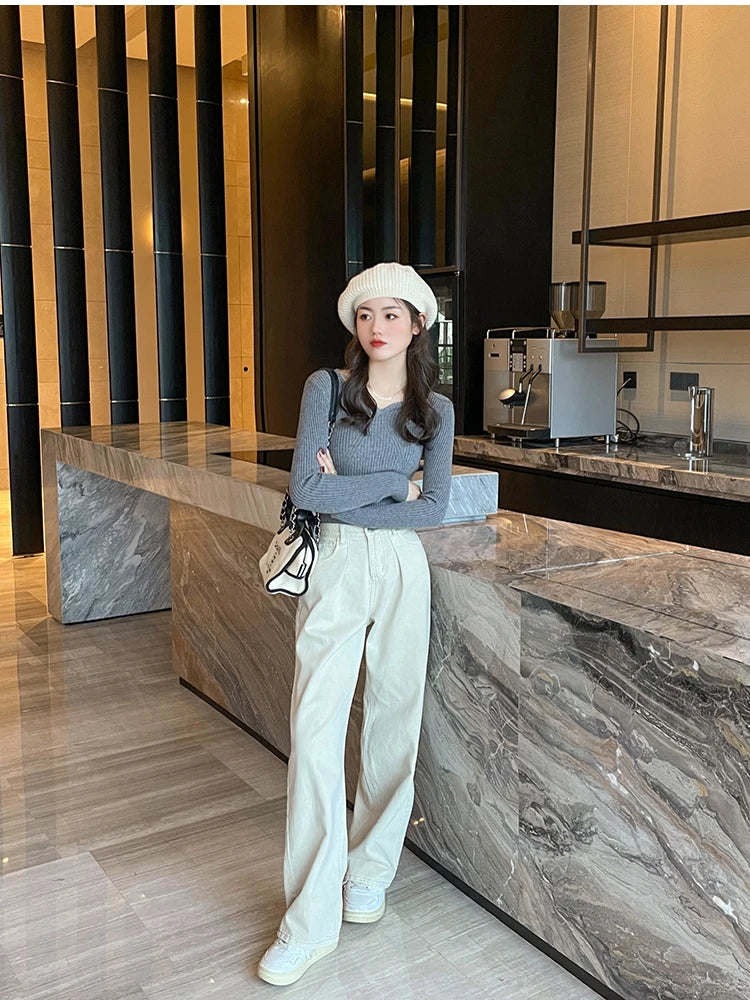 2025 Basic V-neck Chic  Autumn Winter Pullover Women Female Knitted Ribbed Sweater Slim Long Sleeve Badycon High Quality Sweater