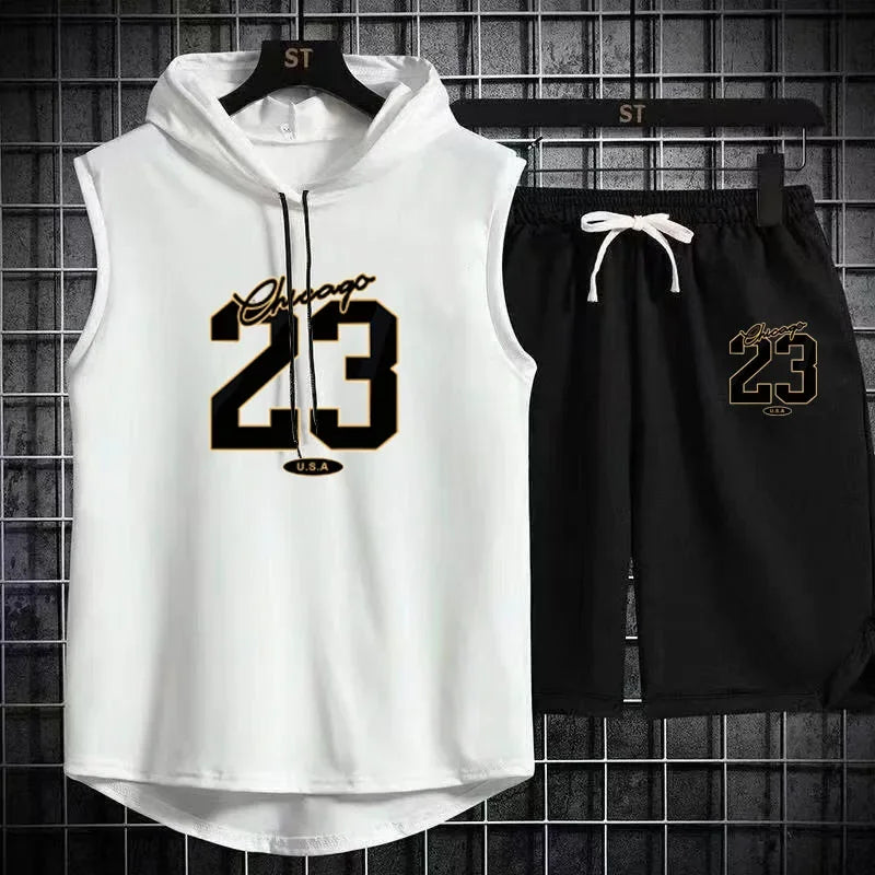 The 2025 new breathable model Men's summer sports suit printed loose breathable short sleeve + jogging shorts suit