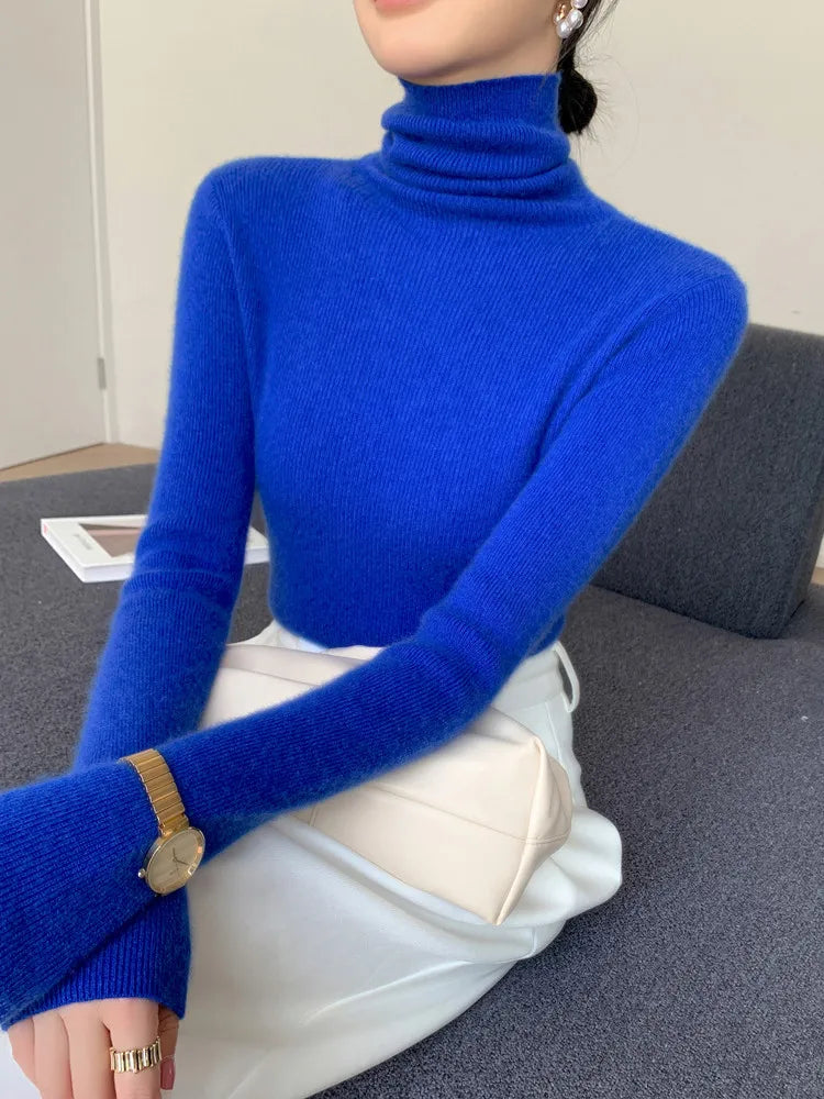 Women Long Sleeve Knitted Pullover Solid Casual Slim Sweater 2025 Autumn Winter Turtleneck Warm Jumper Simple Base Layer Top
