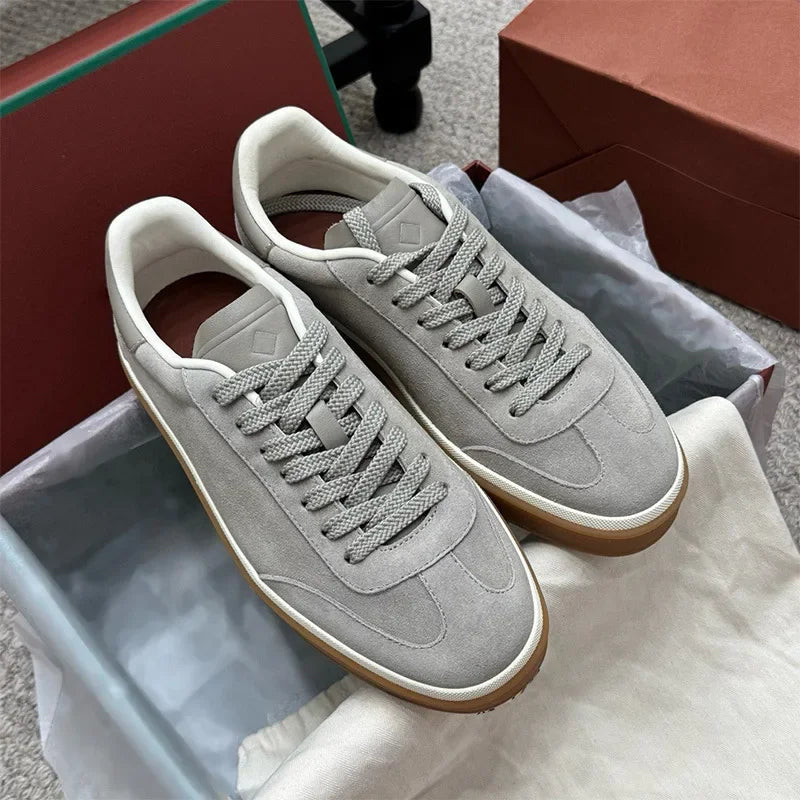 Men's Genuine Leather Lace Up Round Toe Trainer Shoes White