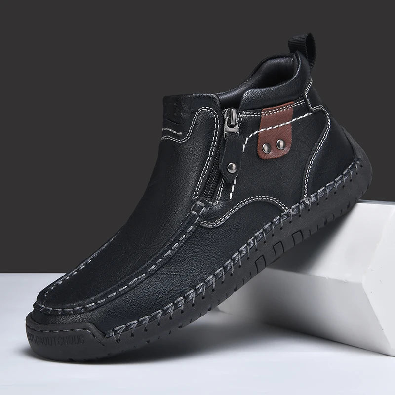 Leather Men Ankle Boots Slip On With Zipper Casual Breathable