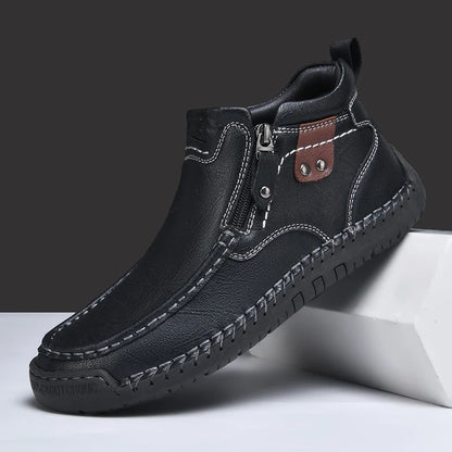 Leather Men Ankle Boots Slip On With Zipper Casual Breathable