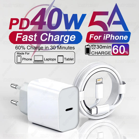 40W For iPhone Charger USB Type C Fast Charger For iPhone 16 15 14 13 12 11 Pro Max 7 8 Plus PD Charging Cable Phone Accessories